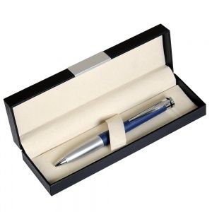 Шариковая ручка, латунь, покрытие мат. синий лак, отделка - мат. серебр., Megapolis, чернила синие. 