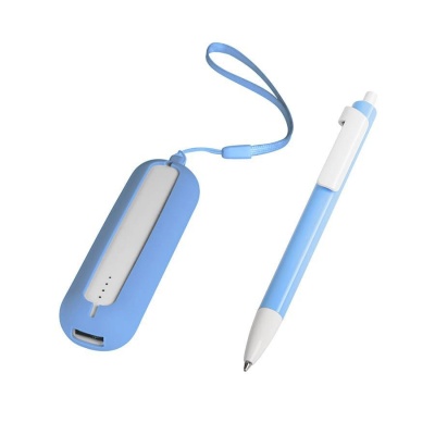Набор SEASHELL-1:универсальное зарядное устройство(2000 mAh) и ручка в подарочной коробке,голубой