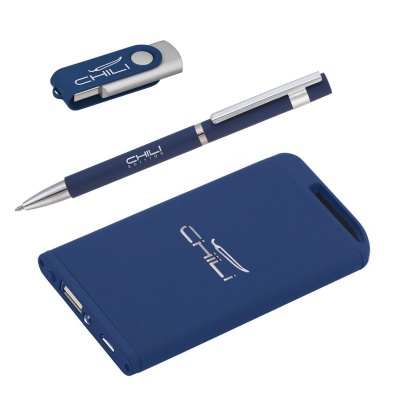 Набор ручка + флеш-карта 16Гб + зарядное устройство 4000 mAh в футляре, soft touch, темно-синий