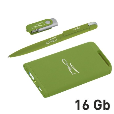 Набор ручка + флеш-карта 16Гб + зарядное устройство 4000 mAh в футляре, покрытие soft touch, зеленое