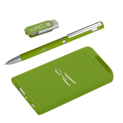 Набор ручка + флеш-карта 16Гб + зарядное устройство 4000 mAh в футляре, soft touch, зеленое яблоко