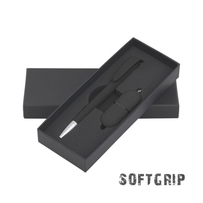Подарочный набор ручка и флеш-карта, покрытие soft grip, черный, черный