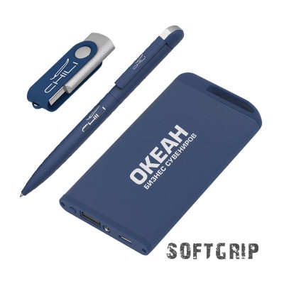Набор ручка + флеш-карта 16Гб + зарядное устройство 4000 mAh в футляре, softgrip, темно-синий