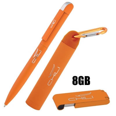 Набор ручка + флеш-карта 8Гб + зарядное устройство 2800 mAh в футляре, покрытие soft touch, оранжевы