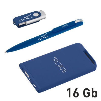 Набор ручка + флеш-карта 16Гб + зарядное устройство 4000 mAh в футляре, покрытие soft touch, темно-с